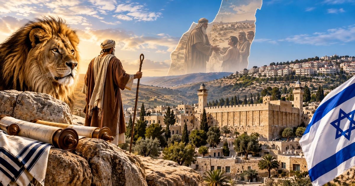 La Judée, héritage de Yehouda, représentée entre paysage biblique, Hébron, symbole du lion de Juda et Israël contemporain.