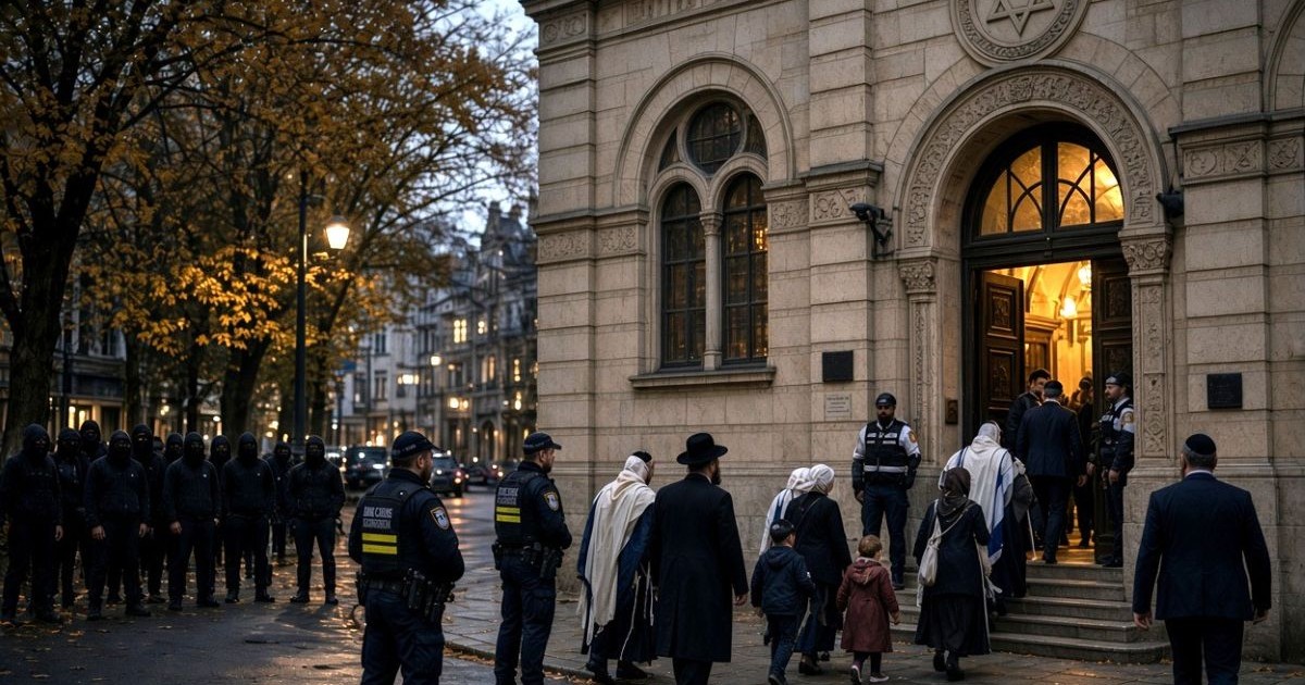 Juifs se rendant à la synagogue pendant les fêtes de Tichri en Europe, protégés par la police tandis que des individus masqués les observent de manière menaçante