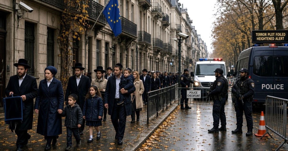 Juifs se rendant à la synagogue pendant les fêtes de Tichri en Europe, protégés par la police tandis que des individus masqués les observent de manière menaçante
