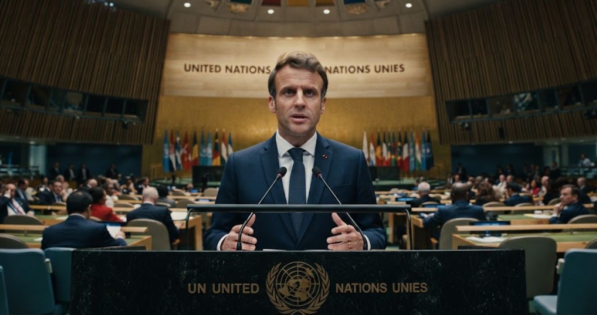 Emmanuel Macron au pupitre de l'Assemblée générale de l'ONU, s'exprimant face à une salle clairsemée.