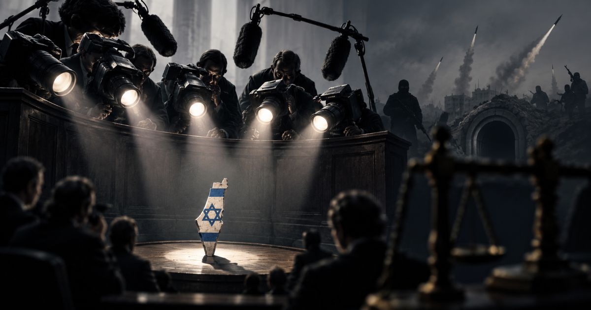 Scène allégorique où une sculpture aux couleurs du drapeau d'israël est éclairée par des projecteurs de presse dans une salle d'audience.