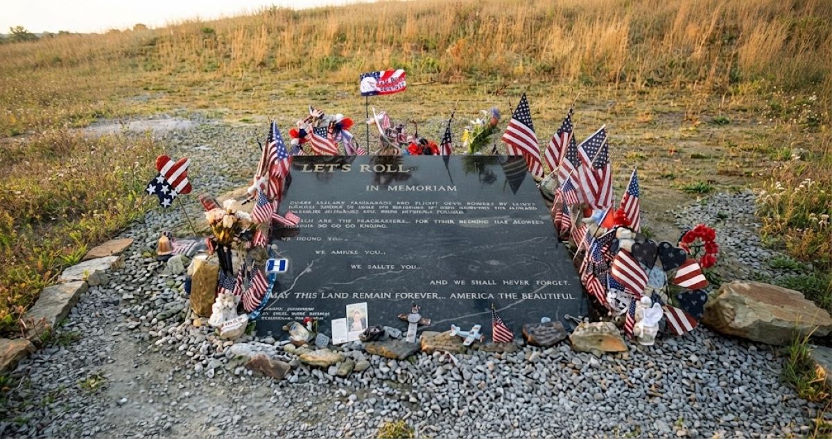 Mémorial en pierre noire avec drapeaux américains et hommages floraux dédié aux victimes du vol 93