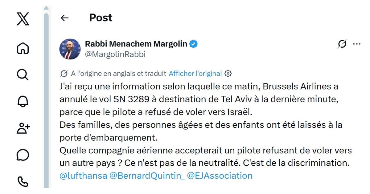 Publication du rabbin Menachem Margolin sur X dénonçant l’annulation du vol Brussels Airlines SN 3289 vers Tel-Aviv, qu’il attribue à un refus du pilote de voler vers Israël.