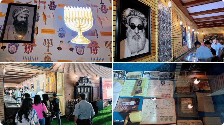 Visiteurs examinant les vitrines du musée Shamash à Bagdad.