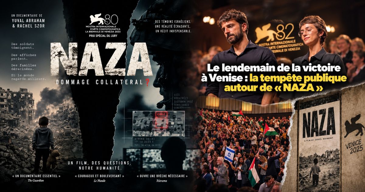 Montage en fondu de l’affiche « NAZA, dommage collatéral » et d’une image montrant Yuval Abraham, Rachel Szor et un public de festival à Venise.