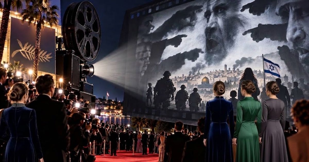 llustration conceptuelle montrant un projecteur de cinéma diffusant une image politique sur grand écran devant un parterre de spectateurs et de journalistes.