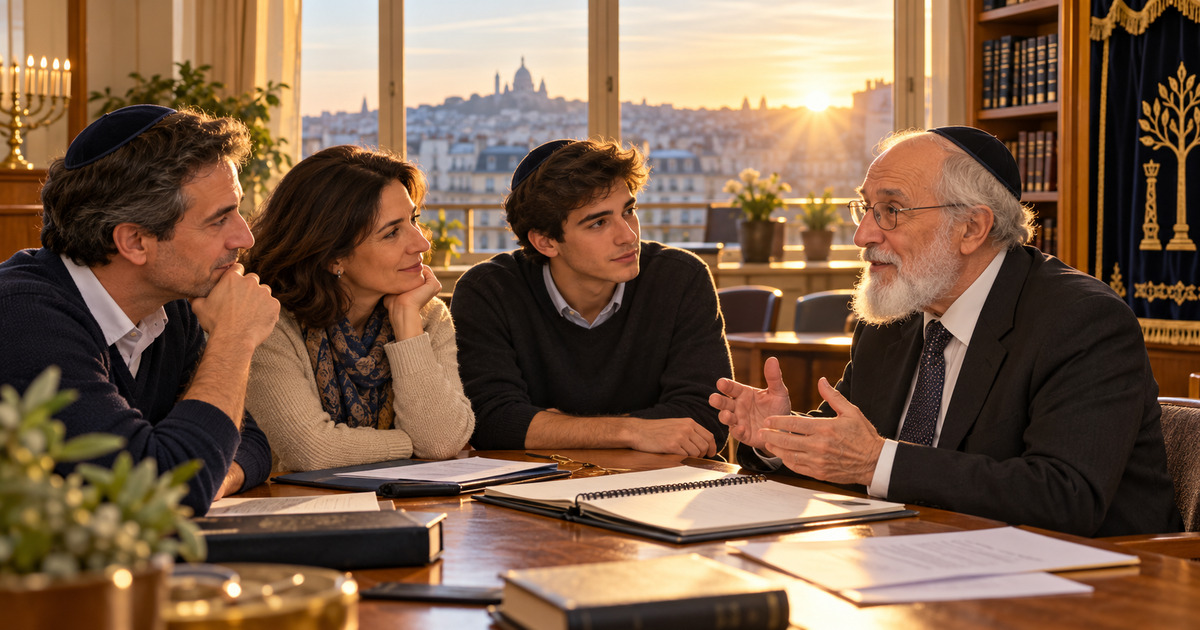 Un rabbin échange avec une famille autour d’une table, dans une salle communautaire éclairée par le soleil levant.
