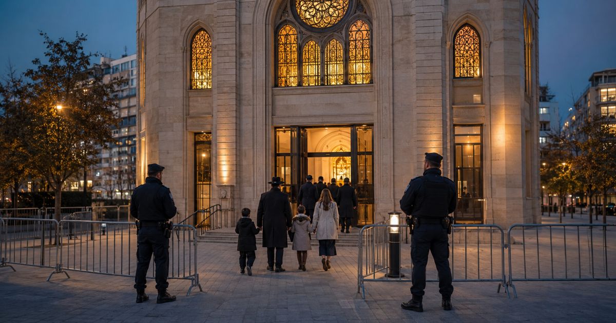Policiers protégeant l’entrée d’une synagogue pendant l’arrivée de familles juives pour les fêtes de Tichri.