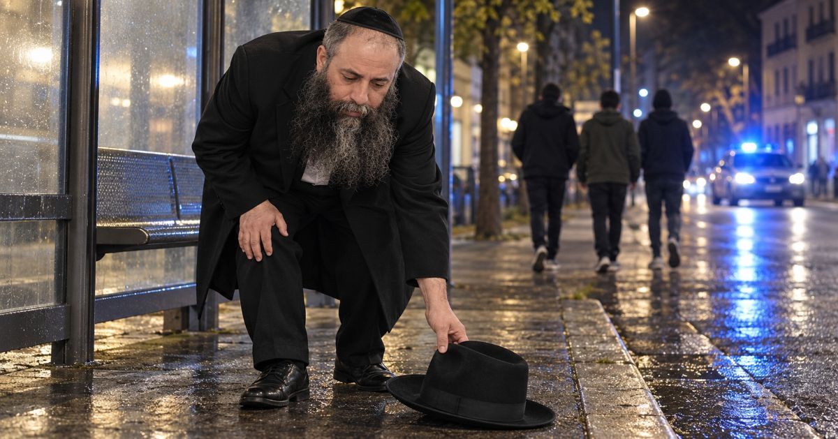 Le rav Tzemach Mizrachi ramassant son chapeau noir après une agression antisémite à Milan