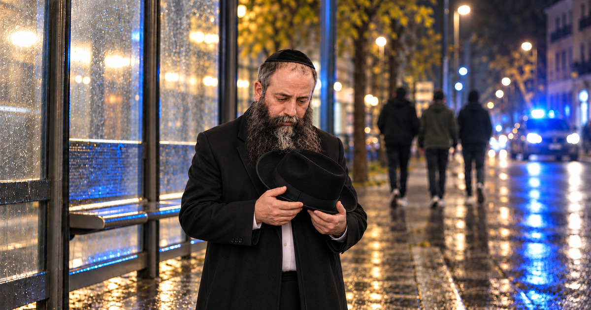 Le rav Tzemach Mizrachi tenant son chapeau noir après une agression antisémite près d’un arrêt d’autobus à Milan