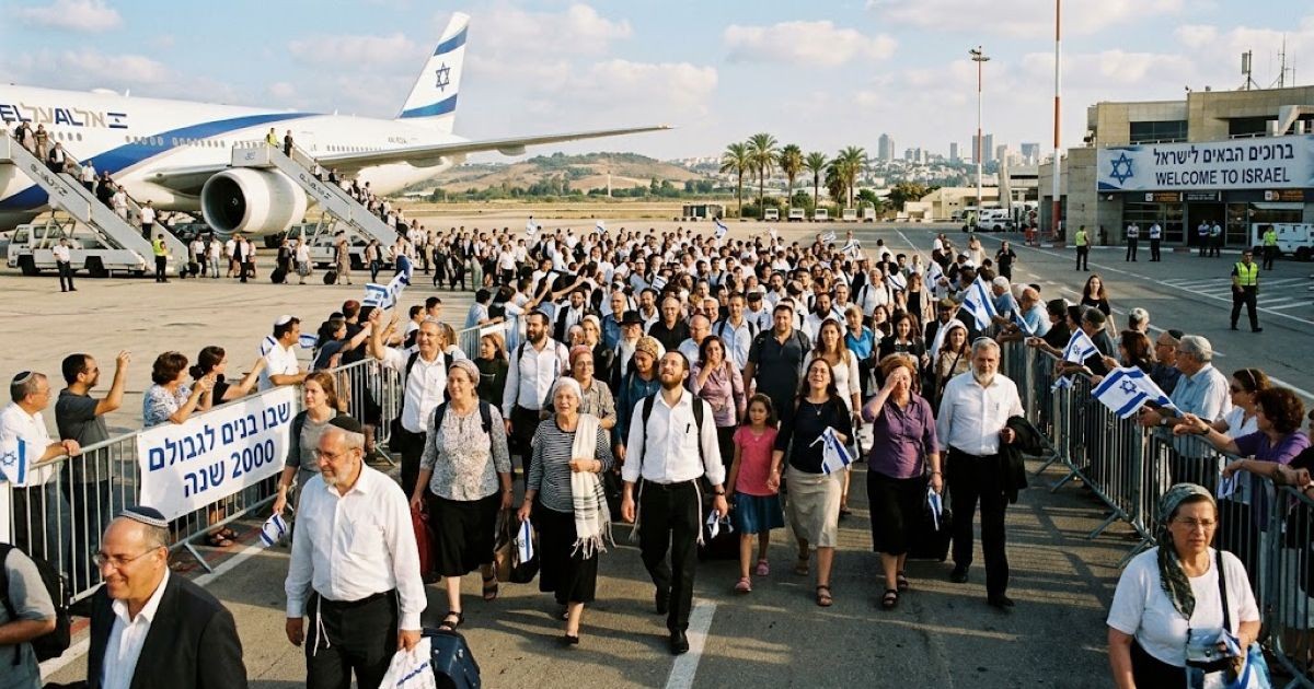 Retrouvailles du peuple juif en Israël à la sortie de l'avion après 2000 ans d'exil