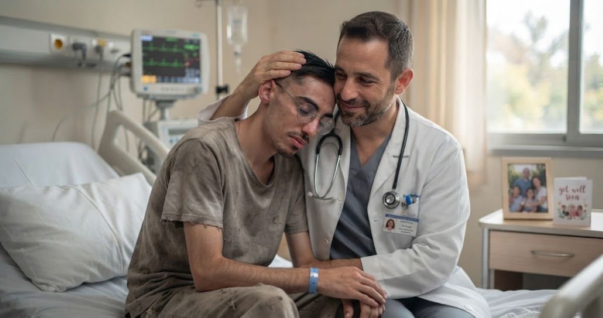 Rom Braslavski, l'ex-otage, enlacé et réconforté par son médecin dans une chambre d'hôpital