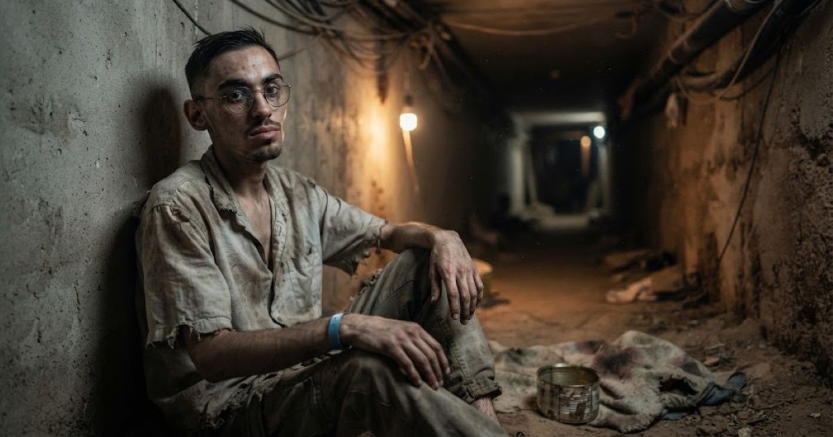 Portrait de l'ex-otage Rom Braslavski, assis au sol dans un tunnel sombre. Il porte des lunettes, des vêtements usés et un bracelet d'identification bleu, avec une boîte de conserve vide à ses côtés.