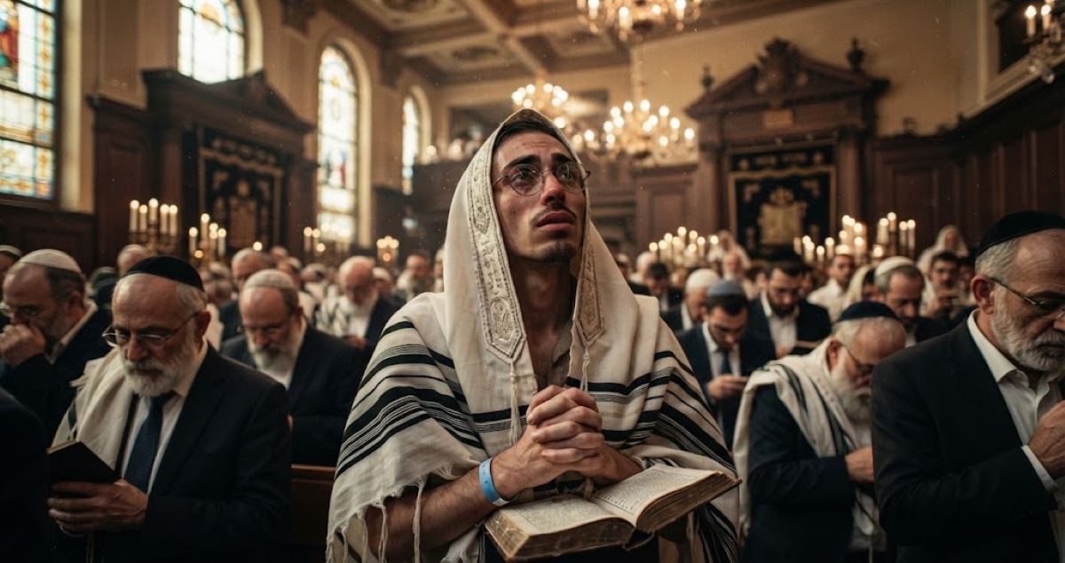 L'ex-otage Rom Braslavski, en talit et kippa, prie avec émotion dans une synagogue le jour de Kippour