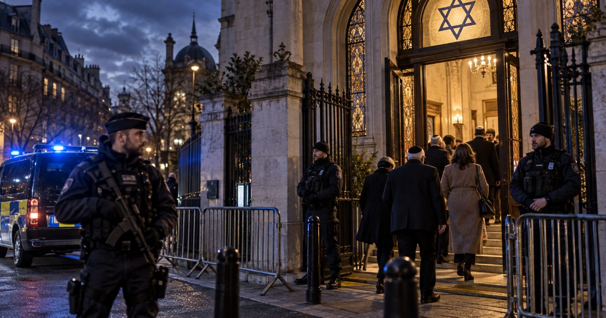 Synagogue européenne protégée par des policiers et des vigiles face à la menace antisémite