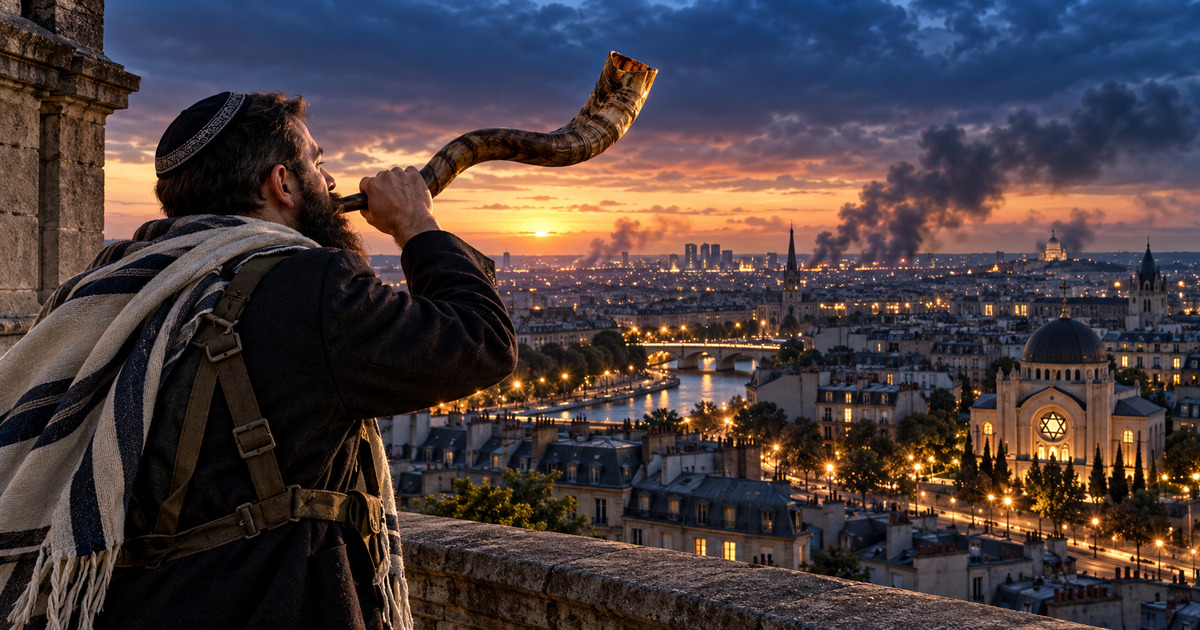Un homme portant une kippa sonne du shofar au-dessus d’une ville enfumée, avec une synagogue à l’horizon.