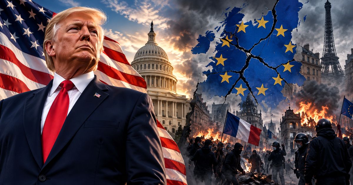 Donald Trump devant le Capitole et le drapeau américain, face à une Europe divisée, symbolisée par un drapeau européen fissuré, des émeutes et des tensions sociales.