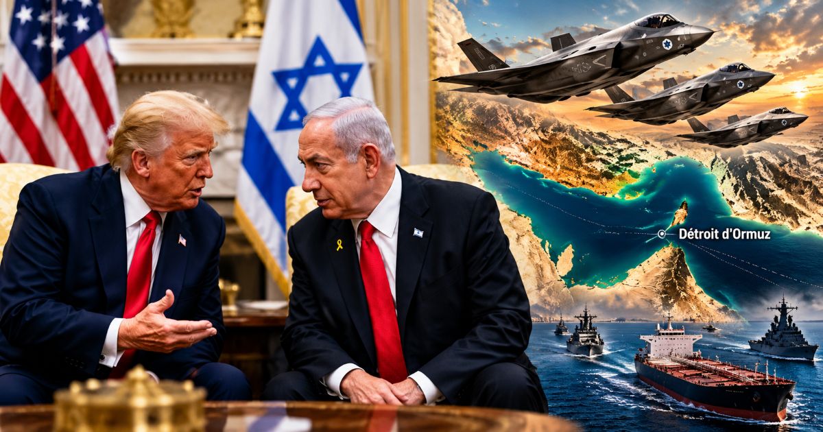 Donald Trump et Benjamin Netanyahou en discussion stratégique, avec des avions de chasse israéliens, des navires militaires et le détroit d’Ormuz en arrière-plan.