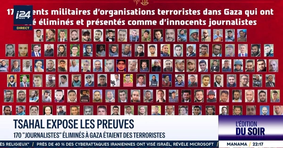 Capture d'ecran d'un reportage d'i24news montrant le dossier de Tsahal sur 170 individus de Gaza presentes comme journalistes mais identifies comme membres d'organisations terroristes