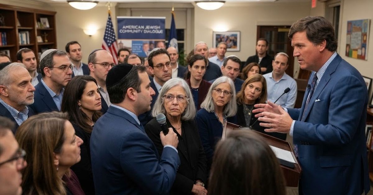 ucker Carlson, en costume bleu, debout à un pupitre, échange avec un groupe attentif d'une vingtaine de personnes lors d'un événement intitulé "American Jewish Community Dialogue".