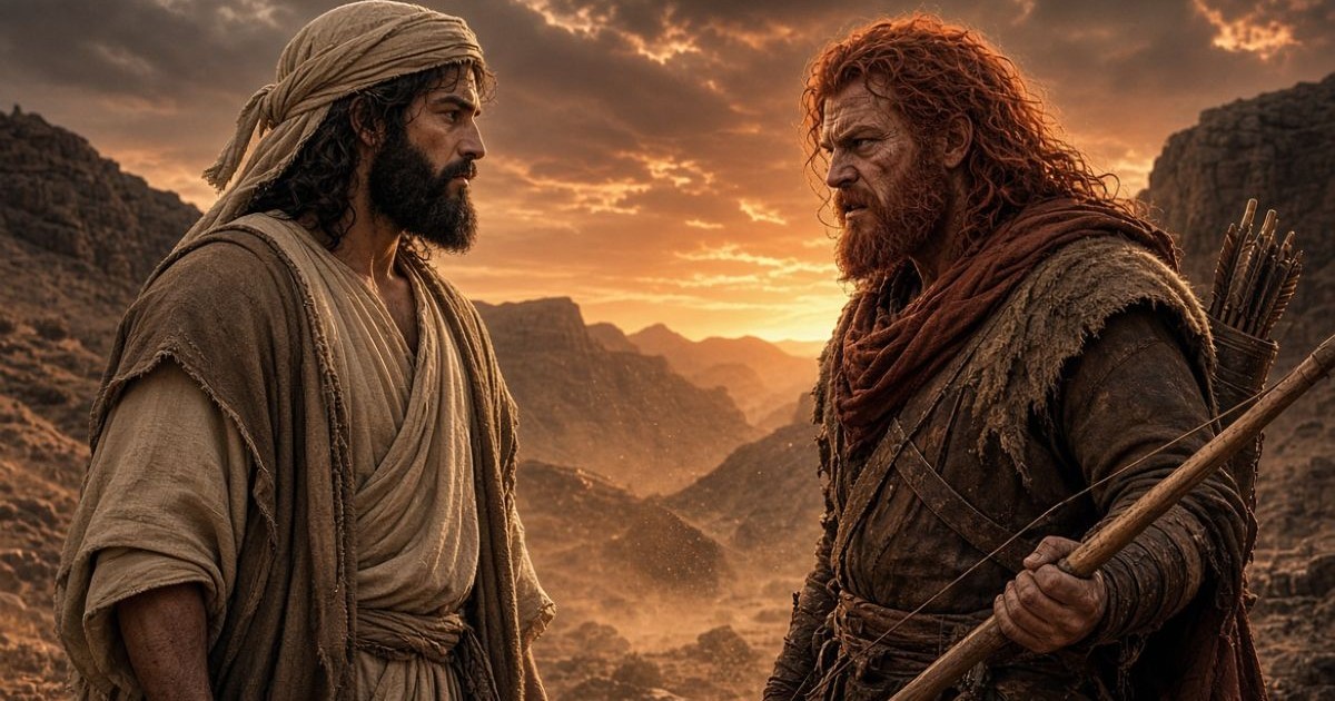 Image cinématographique de Yaacov, fort et les cheveux couverts d’un turban, face à Essav agressif dans un désert au coucher du soleil.