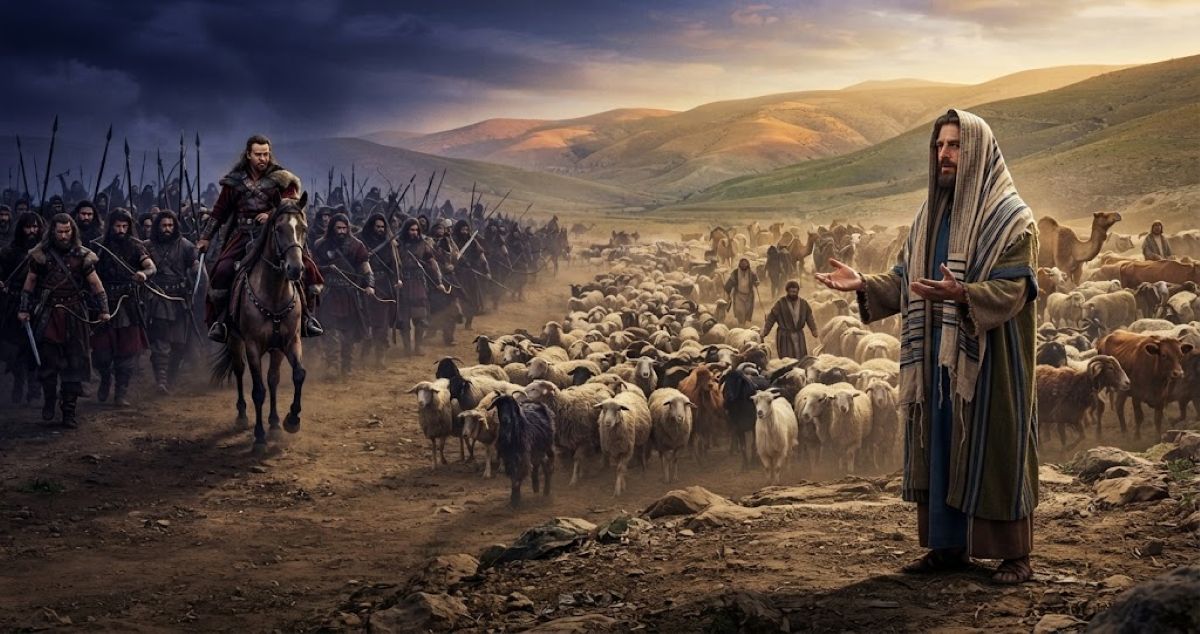 llustration biblique montrant Yaacov debout, la tête couverte et les mains levées vers un vaste troupeau d'animaux en guise de cadeau, faisant face à son frère Essav