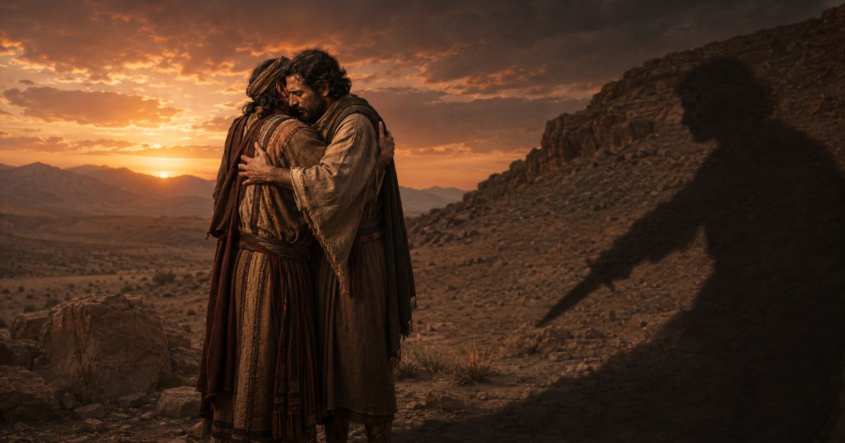 Yaakov et Essav s’étreignent dans un paysage biblique tandis qu’une ombre menaçante rappelle que la fraternité et la vigilance peuvent devoir coexister.