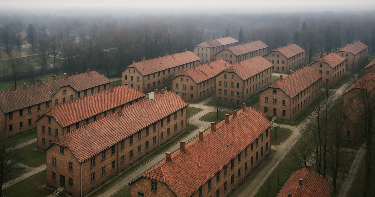 Un drone survole le camp de concentration d'Auschwitz-Birkenau