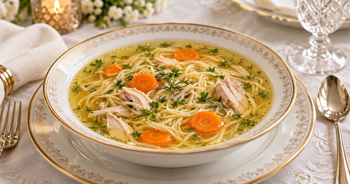 Soupe de poulet ashkénaze aux lokshen après Kippour