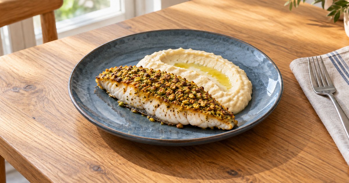 Dorade en croûte de pistaches, purée de céleri-rave au citron